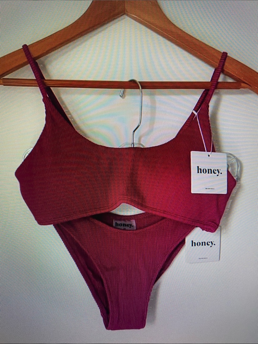 Women's Ribbed Bralette & Bikini Set in Deep Berry